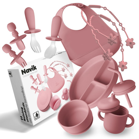 Navik | Coffret repas bebe 12 pièces | Assiette ventouse pour bébé | Tasse apprentissage bebe | Bol et bavoir | Couverts bébés |