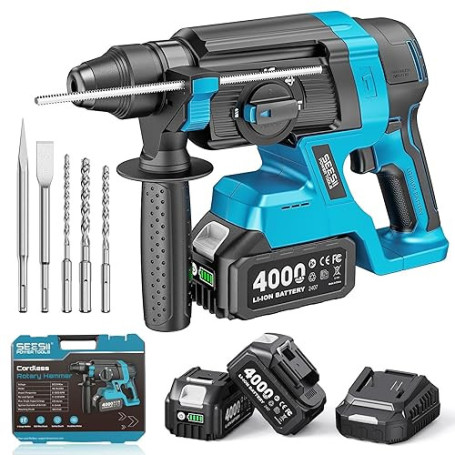 SEESII 2,8J Marteau Perforateur Sans Fil, SDS Plus, Moteur Brushless, 4 en 1 avec 2 Batteries 4.0Ah (Compatible avec les batteri