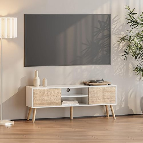 Meuble TV Design Support Télé Banc avec 2 Portes et 2 Étagères Panneau de Particules Mélaminé Pieds en Bois avec Revêtement PVC
