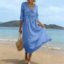 Générique Robe Coton Lin pour Femme Été Fluide Manche 7/8 Chic et Elegant Robes Col V Décontractée Grande Taille Robes Couleur U
