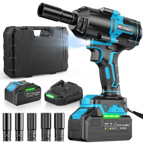 BETENST Clé à Chocs Sans Fil 1000N.m, Brushless Boulonneuse a Choc Electrique 1/2" avec 4,0 Ah Batterie, 5 Douilles à Chocs, 21V