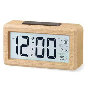 aboveClock Réveil Numérique en Bois, Réveil LCD Horloge Digitale sans Tic-tac avec Affichage Date, Température, Fonction Snooze,