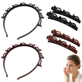 Lot de 4 Serre-tête Femme avec Pinces, Bandeau Cheveux Femme Tressé Double Frange, Accessoires Cheveux pour Coiffure DIY, Serre-