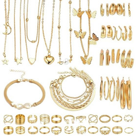 JSTHHTT 46 Pcs Parure Bijoux Femme, Bracelet Femme, Bijoux Femme, Collier Femme Or, Bagues, Boucles d'Oreilles Créoles, Lot de B