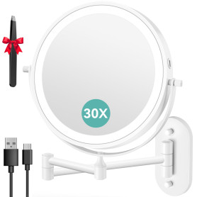 Auxmir Miroir Grossissant Mural 1X/30X, Batterie 3200mAh, 3 Modes Couleur, Bouton Tactile 2 Faces, Miroir Grossissant Lumineux 3
