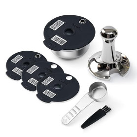RECAFIMIL Filtre à café réutilisable avec tamper, dosettes en acier inoxydable avec 4 couvercles en silicone noir, 60/180/200/22