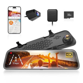 WOLFBOX 12" 4K Rétroviseur Dash Cam avec caméra de recul,2160P Full HD Rétroviseur, 5.8GHz WiFi, Avant et Arrière Double Lentill