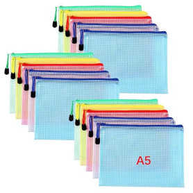 Oderra Lot de 15 pochettes à fermeture éclair pour documents, papiers, cosmétiques, 5 couleurs, format A5
