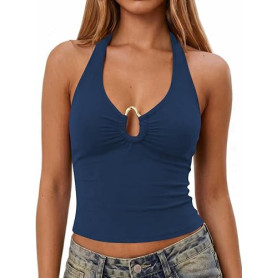 Xiaoliny Débardeur Femme Col en V Sexy Top Halter Dos Nu Haut Chic et Élégant Été Crop Tops Moulant Décontracté T-Shirt sans Man