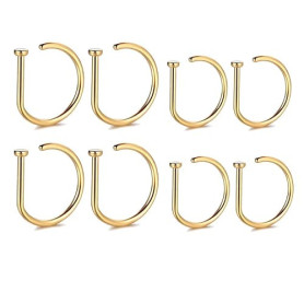BDEPSTR Lot de 8 Faux Piercings Nez en Forme de D - Anneaux de Nez Sans Perçage en Acier Inoxydable Doré - Tailles Mixtes 8mm et