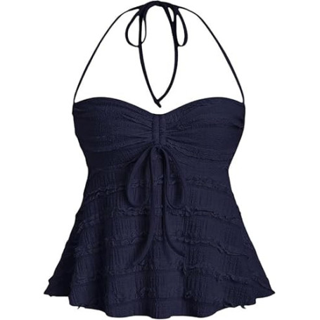 Xiaoliny Débardeur Femme Chic et Élégant Haut Court Col Halter à Lacets Été Crop Top Dentelle Style Peplum Décontracté Caraco sa