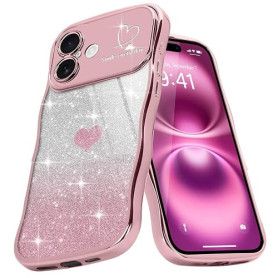 Teageo Coque pour iPhone 16 Bouclée Cadre Paillettes, Doré Rose | Femmes en TPU Souple Décoration à la Mode Téléphone Bumper