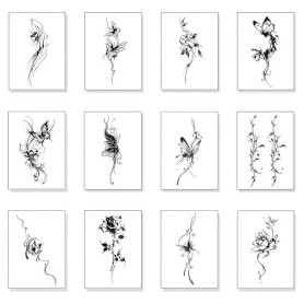 12 Feuilles Tatouages Temporaires Papillon et Fleurs, Imperméables, Noir, Faux Tatouages Semi-Permanents pour Femmes et Filles,