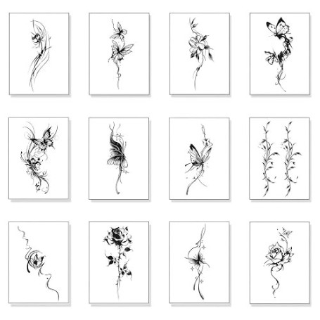 12 Feuilles Tatouages Temporaires Papillon et Fleurs, Imperméables, Noir, Faux Tatouages Semi-Permanents pour Femmes et Filles,