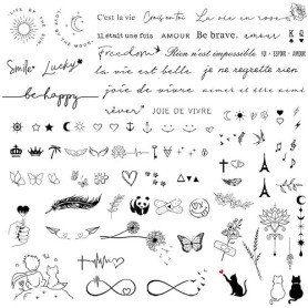 6 Feuilles Tatouage Temporaire avec Texte Français Faux Tatouage Ephémère Noir Décoration Fête pour Femme Fille