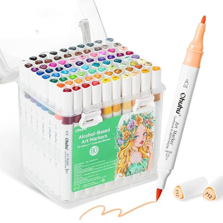 Ohuhu Marqueur Pinceau et pointe fine, 79+1 marqueurs à alcool à double pointe pour adultes débutants en coloriage, dessin et es