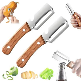 2Pc Éplucheur Légumes Professionnel,2-en-1 Éplucheur Acier Inoxydable, Manche en Bois,Lame Large,Décapsuleur Intégré,Outil de Cu