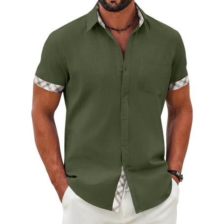 COOFANDY Chemise Homme Manches Courtes en Coton Décontractée d’Été pour Plage avec Pochette Poitrine