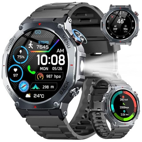 Jugeman Montre Connectée Homme Femme GPS, 1.43" AMOLED Militaire Smartwatch Compass 5ATM Étanche, Montre Sport Torche LED, 160+M