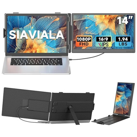 siaviala 14” Extension Ecran PC Portable, Double Écran PC Portable IPS FHD 1080P avec USB-C/HDMI, Extension d'écran Portable pou