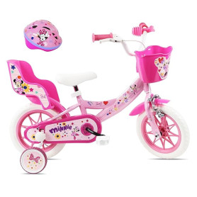 Disney Vélo Enfant 12' Minnie de livré avec Casque Minnie et équipé de 1 Frein, Panier Avant, Porte poupée arrière, Garde boues,