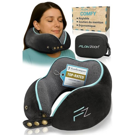 FLOWZOOM Comfy Oreiller de Voyage en Mousse à Mémoire de Forme pour Avion et Voiture – Coussin pour Avion Réglable, Soutien à 36