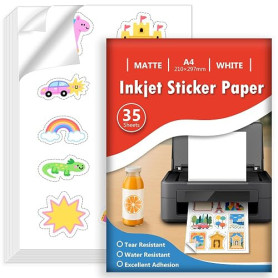 Euqvunn 35 Sheets Feuille Autocollante Imprimante A4, Blanc Mat Imperméable Vinyle Imprimable Papier Autocollant, Feuille Complè
