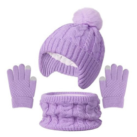 Ensemble Bonnet Echarpe Gant Enfant Tour de Cou Hiver Bonnet à Pompon, Doublure en Polaire pour Filles et Garçons 3-10 Ans