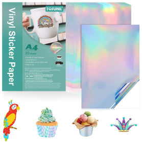 TOJUNE Papier Autocollant Vinyle Imprimable A4 (Laser Couleur) | pour Imprimante À Jet D'encre et Laser, 21x29.7 cm, Imperméable