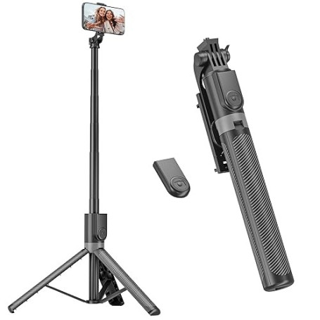 RISEOFLE 180cm Trepied Smartphone & Perche a Selfie, Trepied Telephone Portable Rétractable en Aluminium avec Télécommande sans