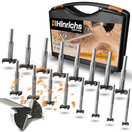 Hinrichs Kit de Forets Forestières 17 Pièces en Coffret en Plastique - Kit de Mèches à Bois 15 à 40 mm - Kit de Forets Forestièr