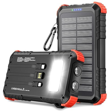Batterie Externe Solaire 26800mAh, Power Bank PD15W USB C avec 3 Câbles, 5 Sorties 3 Entrées, Chargeur Solaire étanche avec Deux