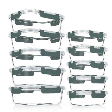 VERONES Lot de 10 récipients en verre pour la préparation des repas,conservation des aliments avec couvercles, pour le micro-ond