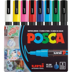 Marqueur Uni-Ball Posca PC3M pointe ogive 0,9 à 1,3 mm couleurs assorties - Etui de 8 | Marqueurs de couleur à encre à base d’ea