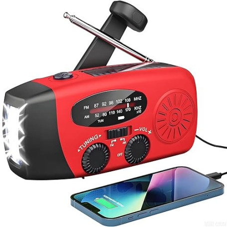 Radio Solaire d’Urgence, Radio à Manivelle Auto-alimentée avec Lampe de Poche LED, Météo AM/FM/WB avec Batterie Rechargeable 200