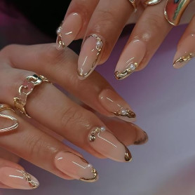 Auroriel 24 Stück Press-on-Nägel French Tip mit Goldlinien-Design Wiederverwendbar Glänzende Acryl-Vollcover-Künstliche Nägel in