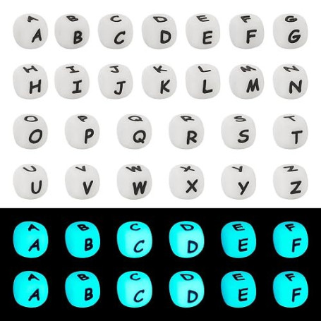 Spritewelry Lot de 52 perles lumineuses en silicone avec lettres de l'alphabet phosphorescentes pour fabrication de porte-clés,
