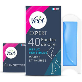 Veet EXPERT - 40 Bandes de Cire Froide Corps & Jambes - Peaux Sensibles - Finition Parfaite - Epilation Longue Durée