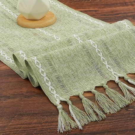 BSBUY 33cm*183cm Chemin de Table Bohème avec Glands et Macramé, Mode Chemin de Table Boho Vert, Chemin de Table Rustique de Ferm