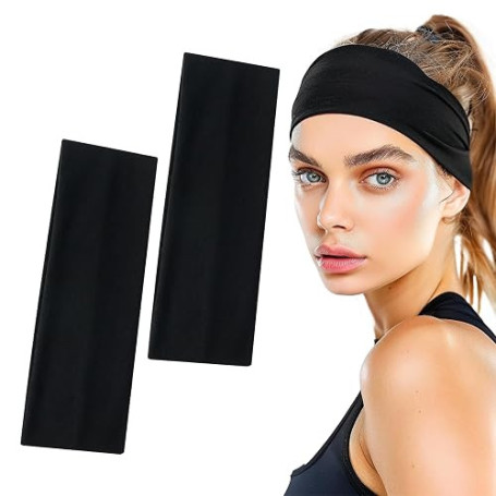 Sularpek 2PCS Bandeau Cheveux Femme, Bandeau Noir Cheveux Sport, Bandeaux de Cheveux Élastique Antidérapant, Bandeau Cheveux Lar