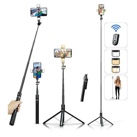 Perche à Selfie Trépied pour Smartphone - ASHINER 180cm Hauteur Support de Téléphone avec Télécommande et Lumières LED pour Voya