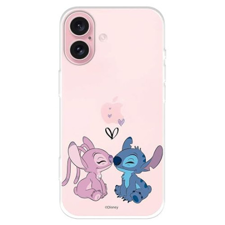 Coque compatible avec iPhone 16, coque officielle Disney Angel & Stitch Kiss, pour protéger votre téléphone portable, transparen