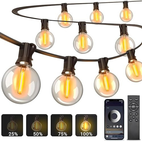 Guirlande Lumineuse Exterieure Dimmable, 30m Guirlande Guinguette Exterieur | APP et Télécommande, Musique Sync, Minuterie, 4 Mo
