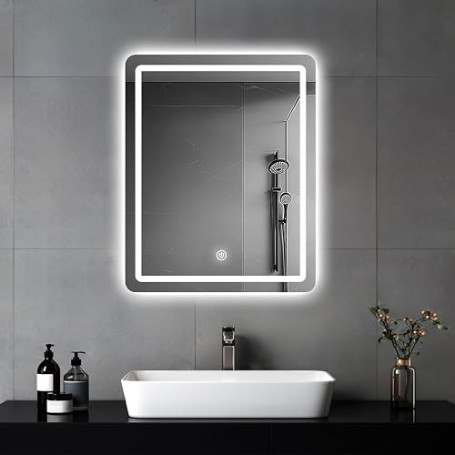 MYGIIVOVO Miroir Salle de Bain avec Eclairage, 60 x 45 cm | Miroir Mural Led avec Interrupteur Tactile, 3 Couleurs à intensité V