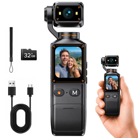 CAMWORLD Caméra de Vlog 2K avec Objectif Rotatif à 360°, Caméra de Corps avec WiFi, Batterie 7H, Carte 32 Go, Caméras Corporelle