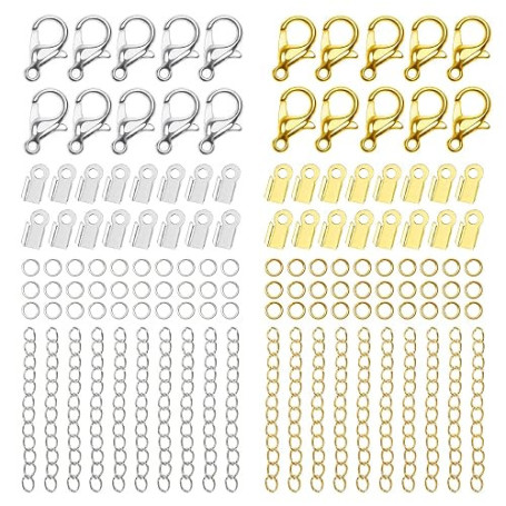 TOAOB 360pcs Kit de Pince de Homard Fermoir 12x6mm et Anneaux de Saut Ouverts 5mm en Métal Argent et Or Extension Chaîne Boucle