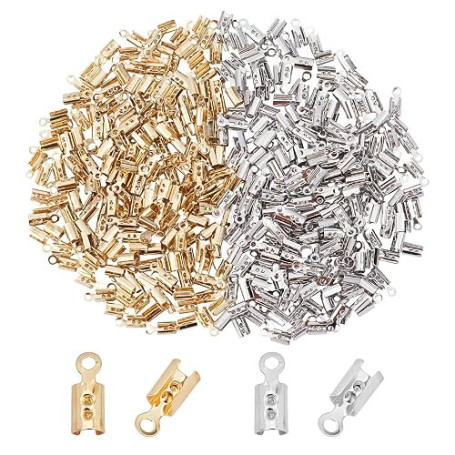 CREATCABIN 1 Boîte 400Pcs 2 Couleurs Pliantes Embouts Sertir Replier Cordon Sertir Conseils 3mm Cuir Ruban Pince Fermoir Laiton