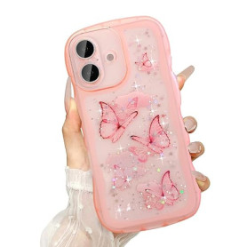UEEBAI Wave – Coque Transparente pour iPhone 16 6,1", Motif Papillon et étoiles à Paillettes, Coque Fine résistante aux Chocs –