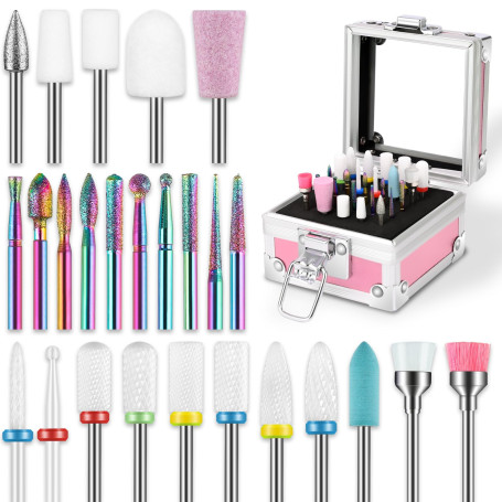 Lot de 26 forets à ongles avec étui de support, embouts de sécurité en céramique de 2,4 mm pour perceuse à ongles, forets électr