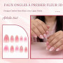 Zosutetoxo Faux ongles amande courte 3D fleurs rose ombré or ongles à coller faux ongles set pour femmes